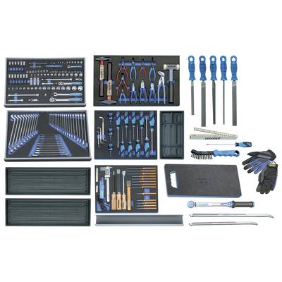 Various craft tools in foam, including spanners, pliers, files, hex keys, and gloves.