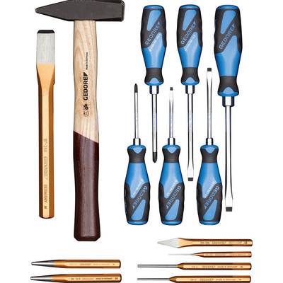 A hammer and nine screwdrivers of various sizes and types, all with blue and black handles, arranged.