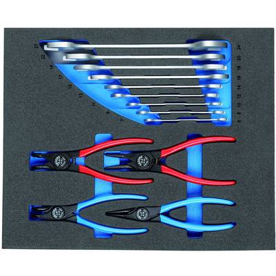 'Tool case with blue and red pliers and silver spanners, neatly arranged in a foam insert.'
