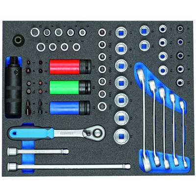 Tool set in a foam insert, including socket wrenches, extension bars, ratchet, and colour-coded sockets.