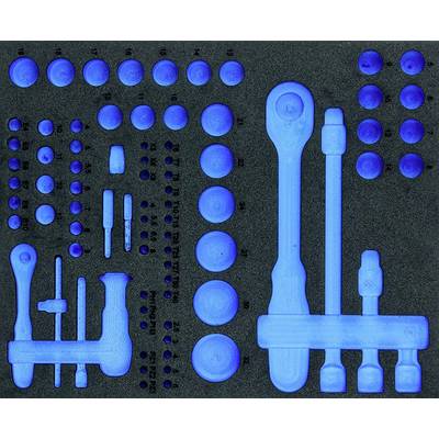 Various blue tools, such as screwdrivers and socket attachments, are neatly arranged in a foam insert.