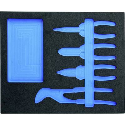 'Foam insert with five blue plastic tools on a black background. Tools include four small and one large model.'