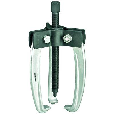 Metal two-jaw puller with a central threaded bolt, used for removing gears or bearings from shafts.