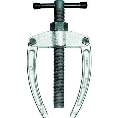 Two-legged puller with pivoting arms and threaded rod, suitable for removing ball bearings and tightly fitted parts.