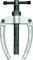 Two-legged puller with pivoting arms and threaded rod, suitable for removing ball bearings and tightly fitted parts.
