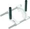 A silver puller with two parallel threaded rods and black handles, used for even pressure distribution when removing components.