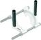 A silver bearing puller with two black rods and threaded screws, used for removing bearings in mechanical systems.