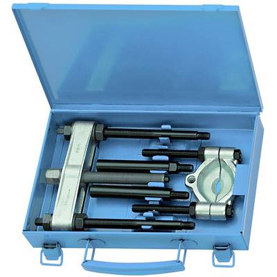 A blue toolbox containing a set of pullers and screws used for assembling or disassembling machine parts.