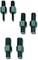 Six green screw bolts, each with a central section and two threaded ends, evenly arranged in the image.