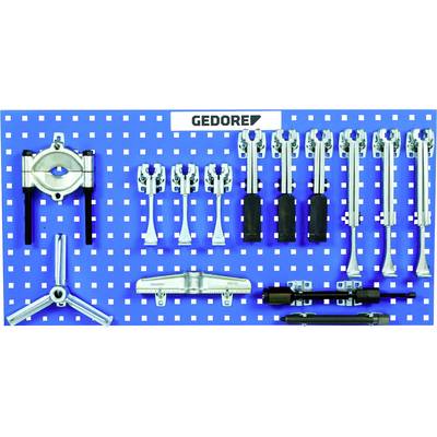 Tool table with various extraction tools from the 'GEDORE' brand, including hooks, extensions and clamping devices.