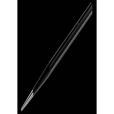 Close-up of a slender, silver pen or tool with a pointed tip, against a black background.