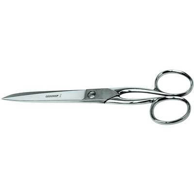 A silver pair of scissors with pointed blades and two finger holes; it lies flat in the centre of the image on a white background.