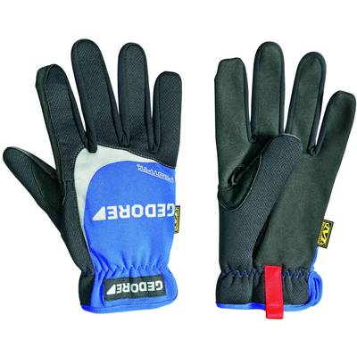 'Work gloves made from black and blue material with reinforcements and non-slip surface. Brand logo 'Cedere' on the blue section.'