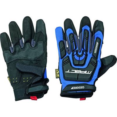 Blue and black protective gloves with reinforcements and logos on both sides, suitable for mechanical work or sports.