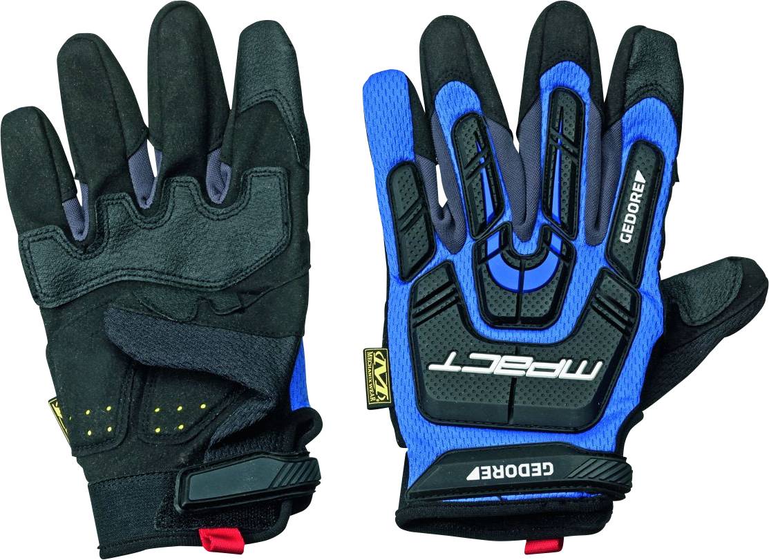Two work gloves, black and blue, with brand logos 'Gedore' and 'M-Pact'. They have reinforced knuckle protection pads.