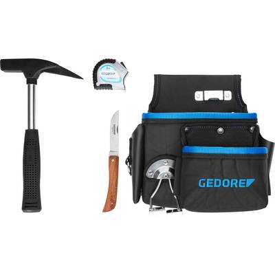 A tool belt set with hammer, tape measure, folding knife and pouch, perfect for tradespeople.