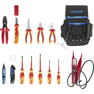 A tool set with 18 pieces, including various pliers, screwdrivers, a knife, a voltage tester, and a tool holder.