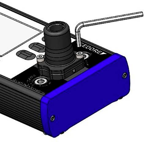 Electronic device with a blue cover, multiple buttons, and an antenna on top.<br><br>Note: The translation is already in British English and does not require further modification.