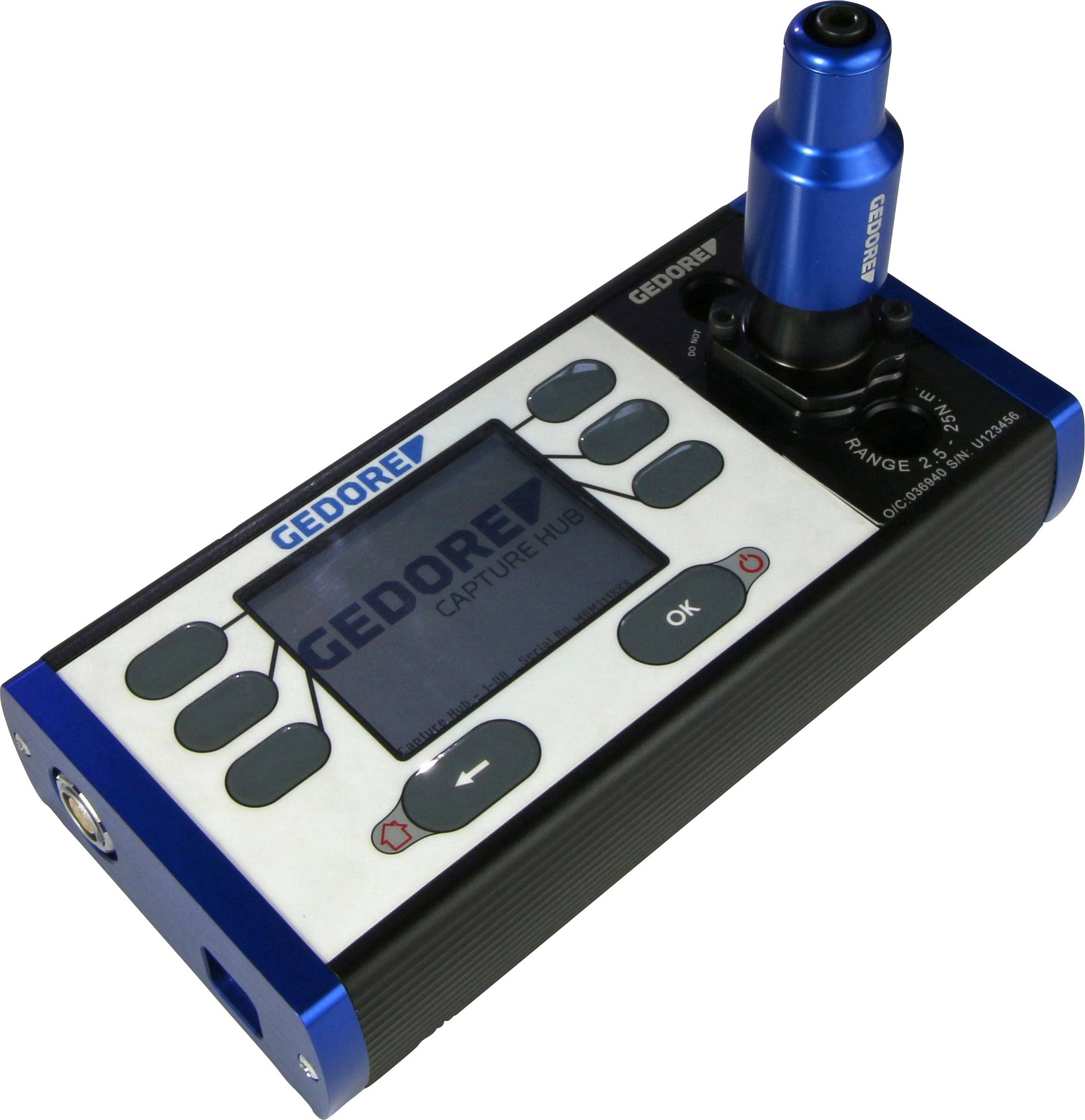 A digital torque testing device from Gedore with a blue connection and multiple control buttons on a display.