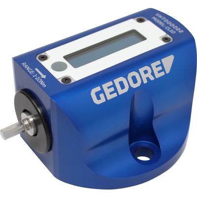 Blue electronic measuring device with LCD display, marked with 'GEDORE'. Shows torque range; connection on the left.