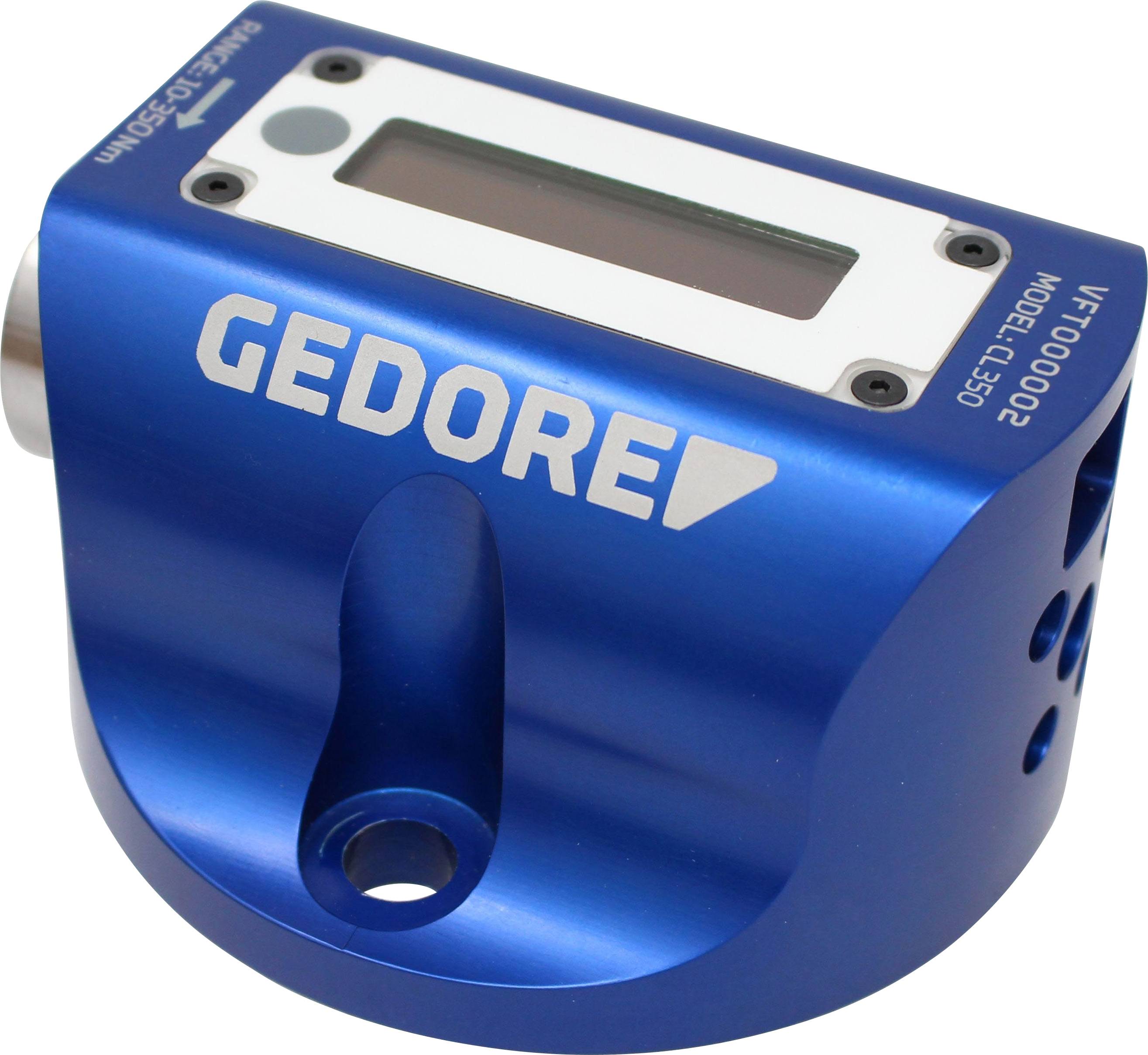 Blue, right-angled tool with LCD display and 'GEDORE' inscription. Developed for precise measurement of angle or torque.