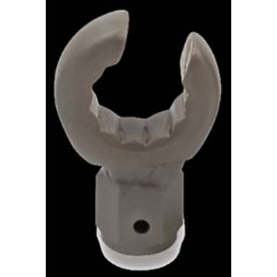 A metallic tool attachment with a U-shaped, toothed opening, suitable for gripping or turning screws or nuts.