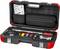 Open black and red toolbox with various tools, including a torque wrench, socket wrenches and adapters.
