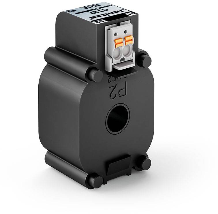 Cylindrical current transformer with a connection block on the top surface, suitable for electrical applications and measurements.