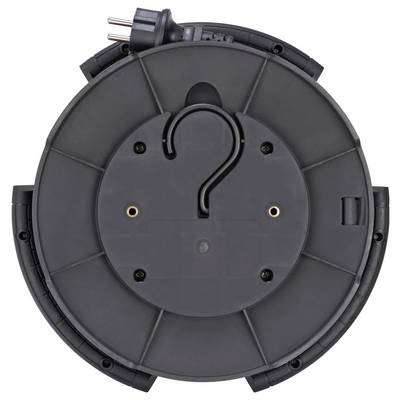 Circular black electrical device with a power plug and central hook-like slot, shown front-on on a white background.