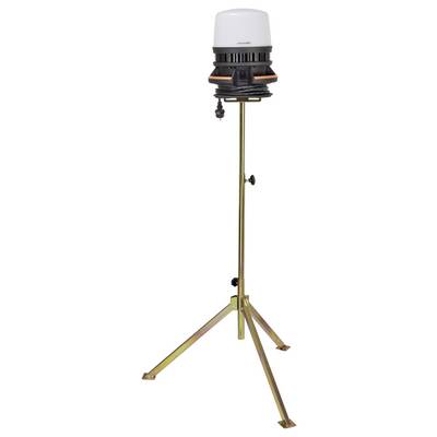 Tall tripod-mounted surveying or scanning device with a white sensor head and black housing on a gold stand, shown against a plain background.