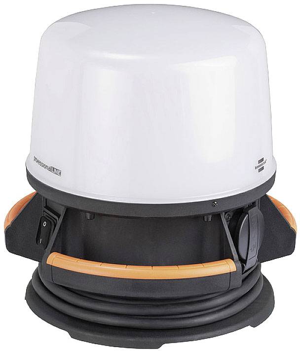 A white, cylindrical plastic container with a black base and an orange cable running around its circumference.