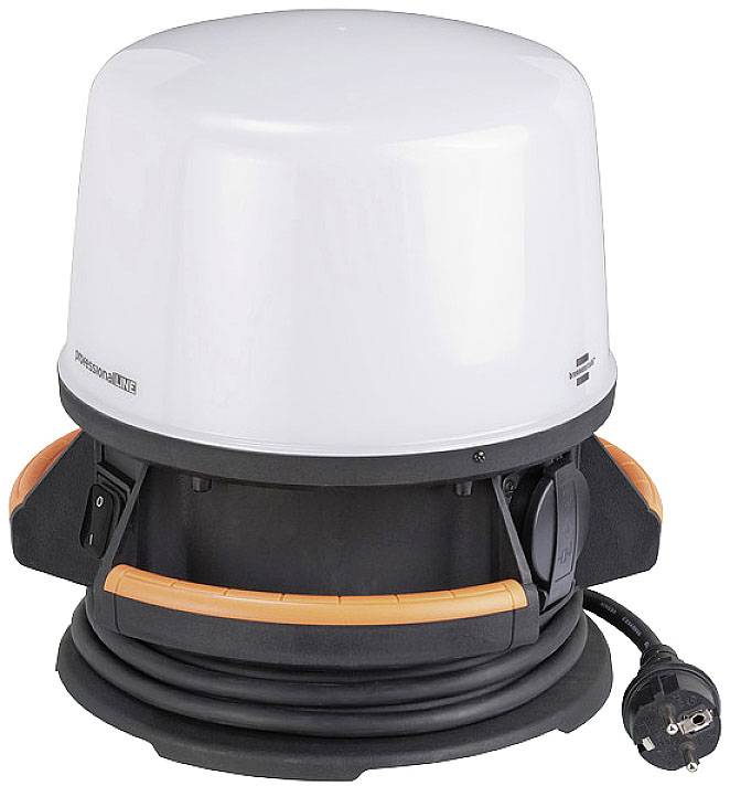 A white, cylindrical motor with cable winding and a European plug. It stands stably on a black, round base.