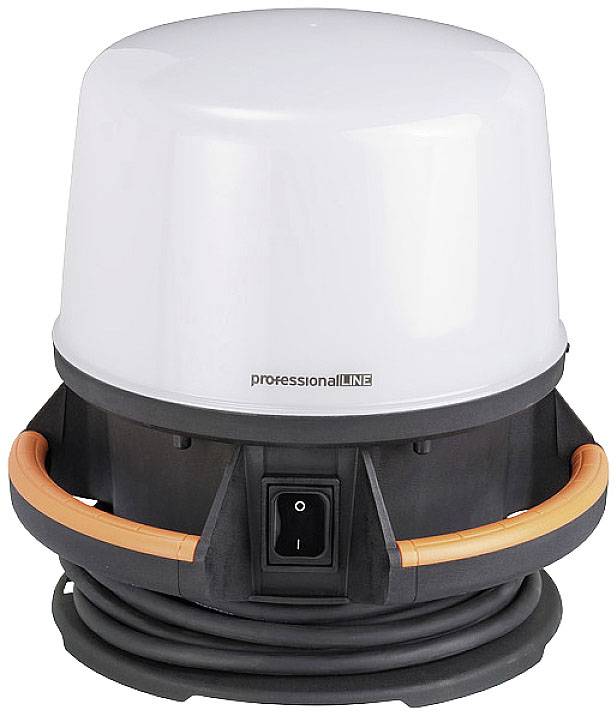 A white, cylindrical LED lamp with a black base and orange handles. A switch at the base allows on/off functionality.