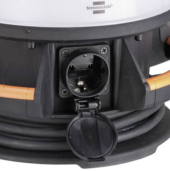 Power strip by Brennenstuhl brand, black base with orange handles, open socket showing interior view.