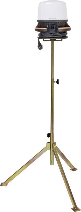 A round construction site spotlight on a tall, extendable tripod, suitable for use on construction sites or outdoors.