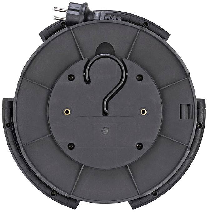 A coiled power cable from below with a black cable drum. A plug is visible, and the cable is neatly wound.