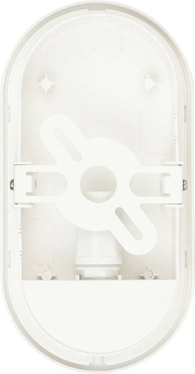 White, oval plastic cover with a central mounting point. Suitable for installations on wall or ceiling surfaces.