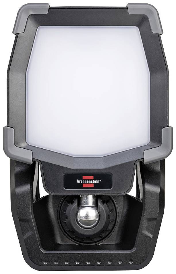 A black LED work light with a white cover. Below the 'brennenstuhl' logo. Ideal for construction sites and manual trades.