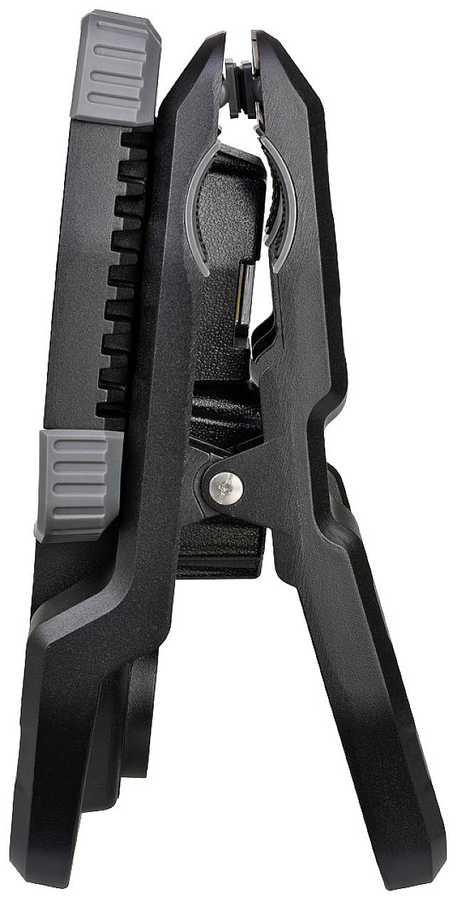 A black plastic document clip viewed from the side. The clip has grey accents and a robust, serrated grip area.