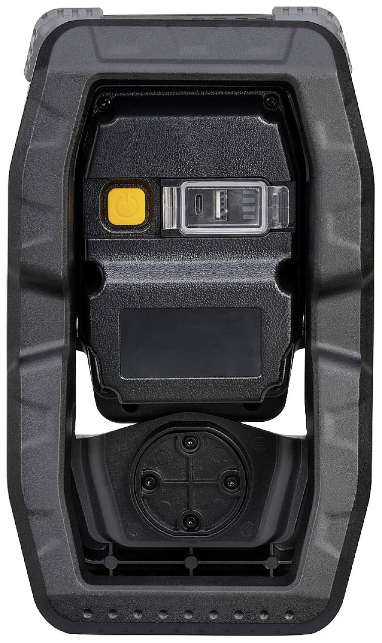 Black electronic device with a yellow button and small display in a robust, protective casing.