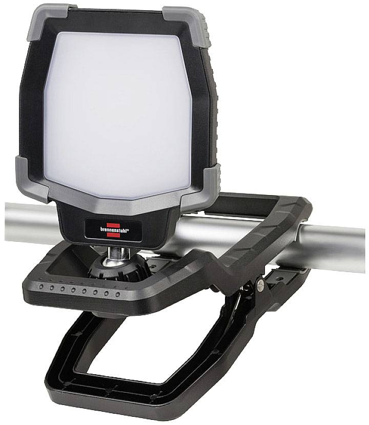 A portable LED work light with a black casing, attached to a metal rod with a robust clamp.