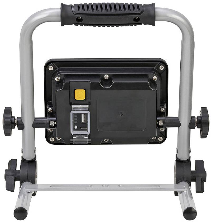 A portable LED construction floodlight with a black handle and adjustable stand. Rear view shows control elements and connection options.