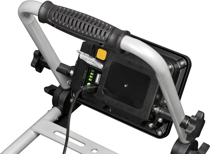 A portable work light with a sturdy metal frame. The back shows the power cable and the power switch in the centre.