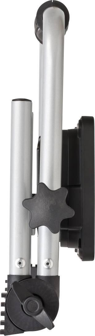 A folding wheelchair handle, made of silver metal with a black plastic section, viewed from the side.