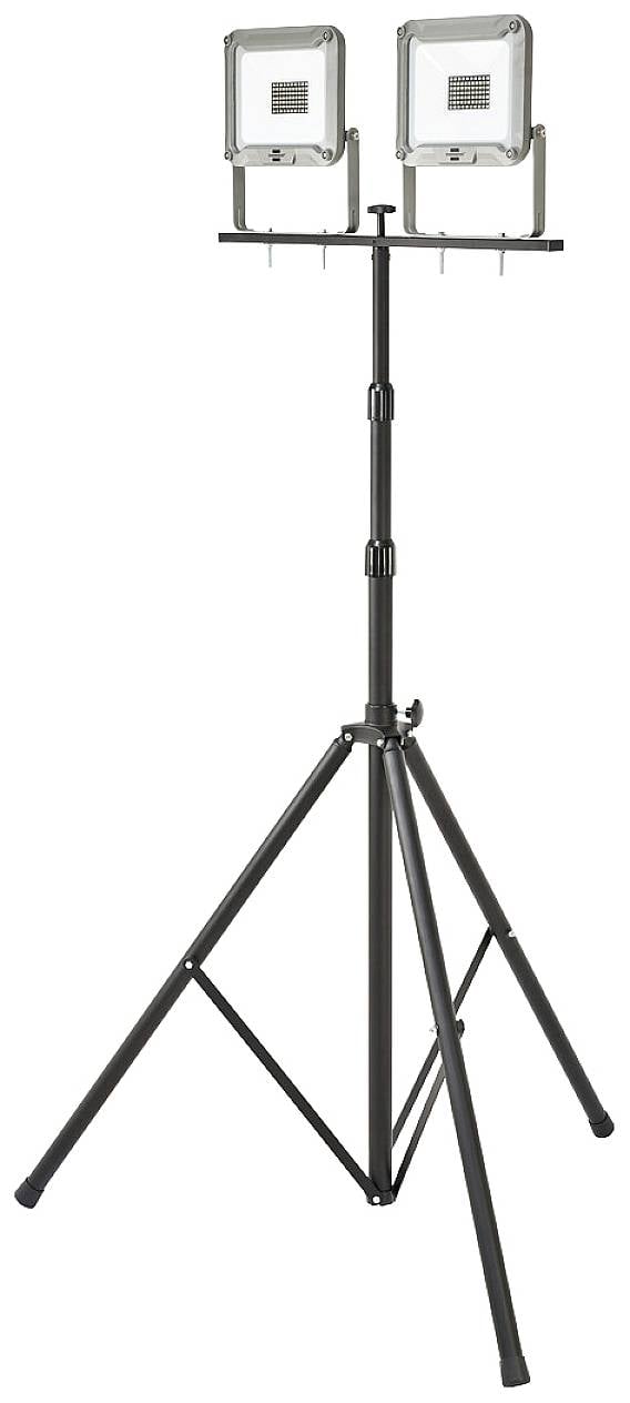 A double construction spotlight on an adjustable tripod, suitable for illuminating work areas.