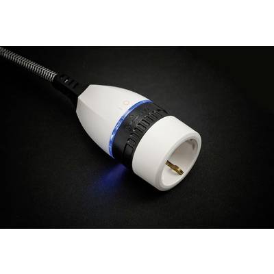 A white network plug with a blue illuminated ring lies on a black background. The plug has a black and grey cable connection.