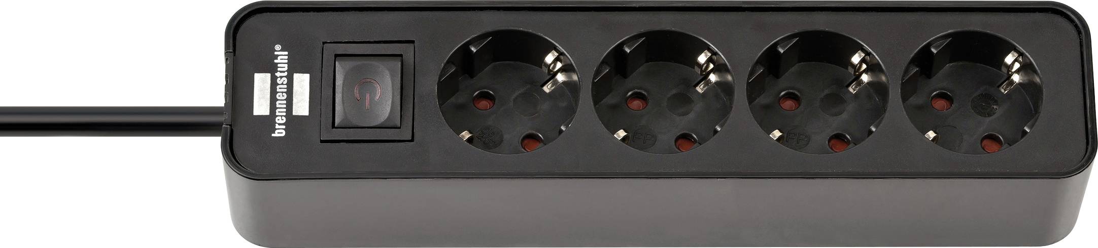 A black multi-socket extension lead with four sockets and an on/off switch.
