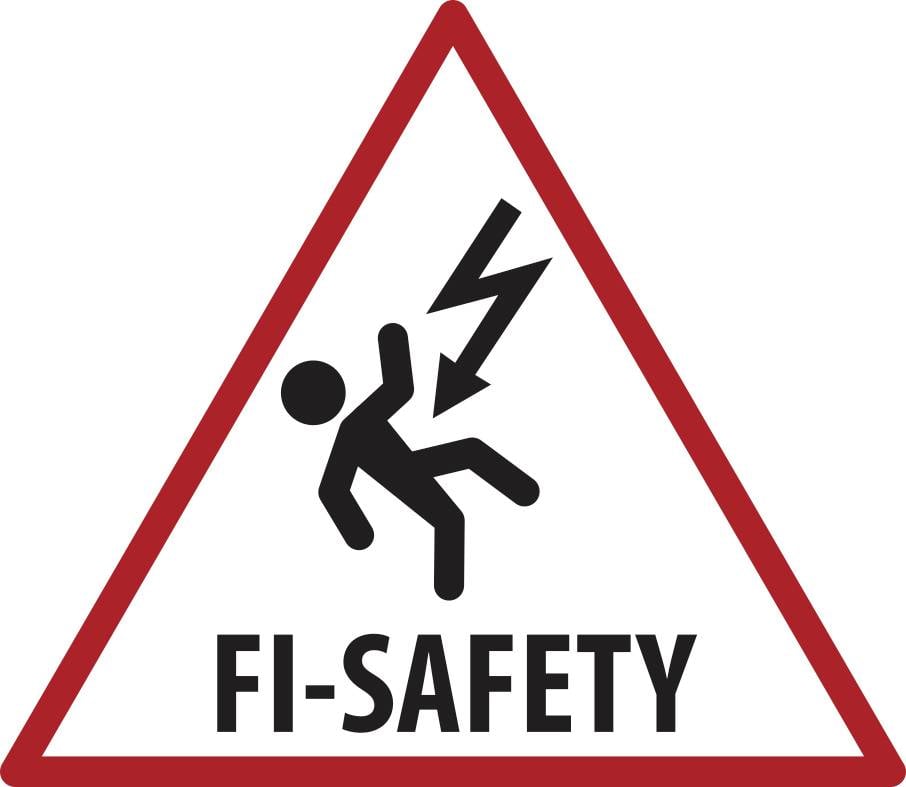 Warning triangle with lightning bolt striking a person and the text 'FI-SAFETY', indicating an electrical hazard.