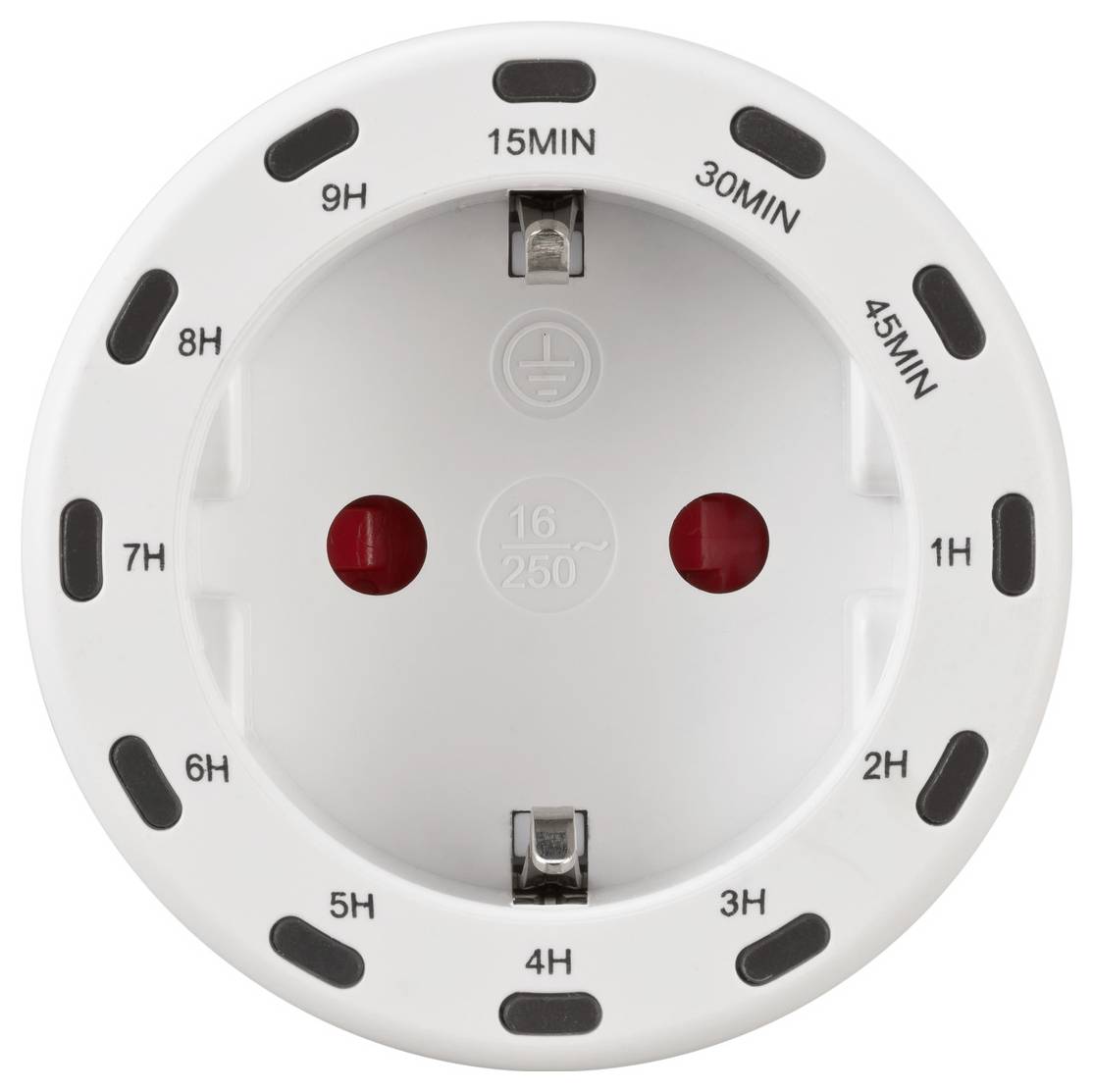 Round white electrical timer dial labeled 15MIN to 9H, with two red buttons and a central grounding symbol.<br>