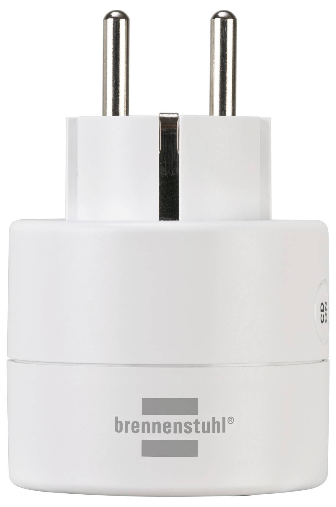 White European plug adapter with two round prongs and 'brennenstuhl' logo on the front, shown on a plain background.